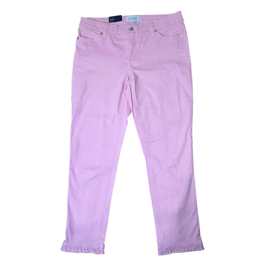 Crown & Ivy Pink High Rise Skinny‎ Crop Jeans Ruffle Hem Size 6 NWT